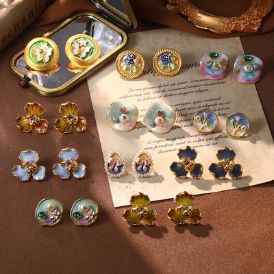 Monet Garden Oil Painting French Medieval Vintage Earrings Enamel Oil Drop Earrings Flower Natural Pearl Stud Earrings