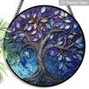 2D Flat Stained Glass Tree of Life Window Decoration, 7.87inches Blue Purple Elegant Design Colored Glass Plate with Chain, Charming Spring Summer