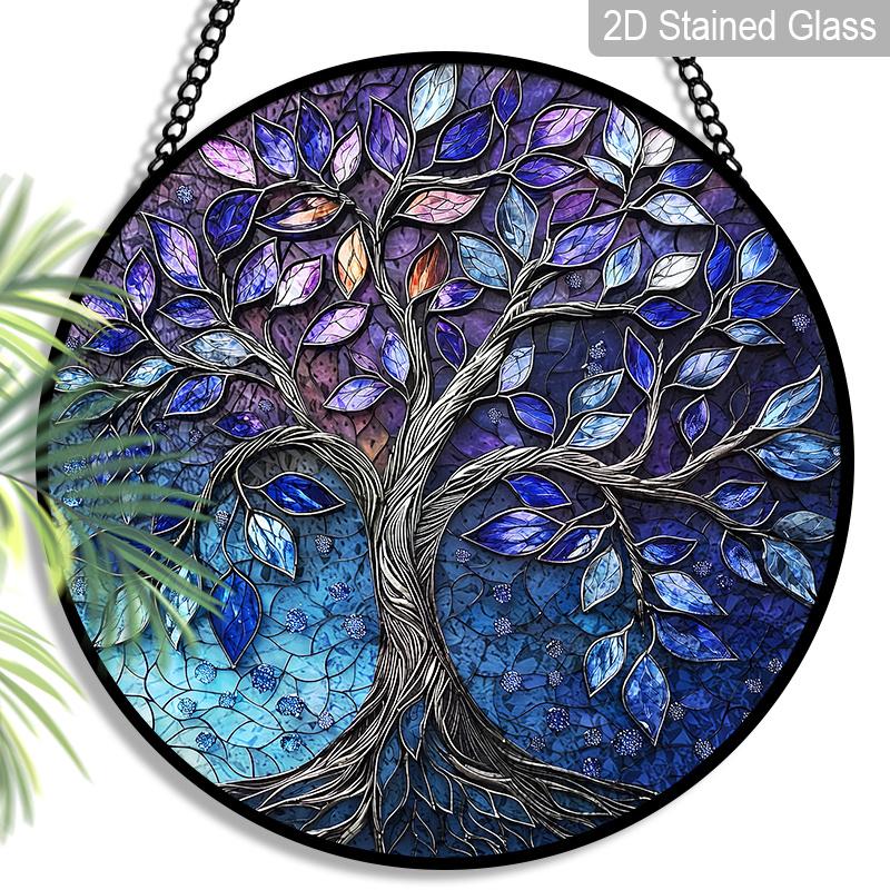 

2D Flat Stained Glass Tree of Life Window Decoration, 7.87inches Blue Purple Elegant Design Colored Glass Plate with Chain, Charming Spring Summer 7.87inch