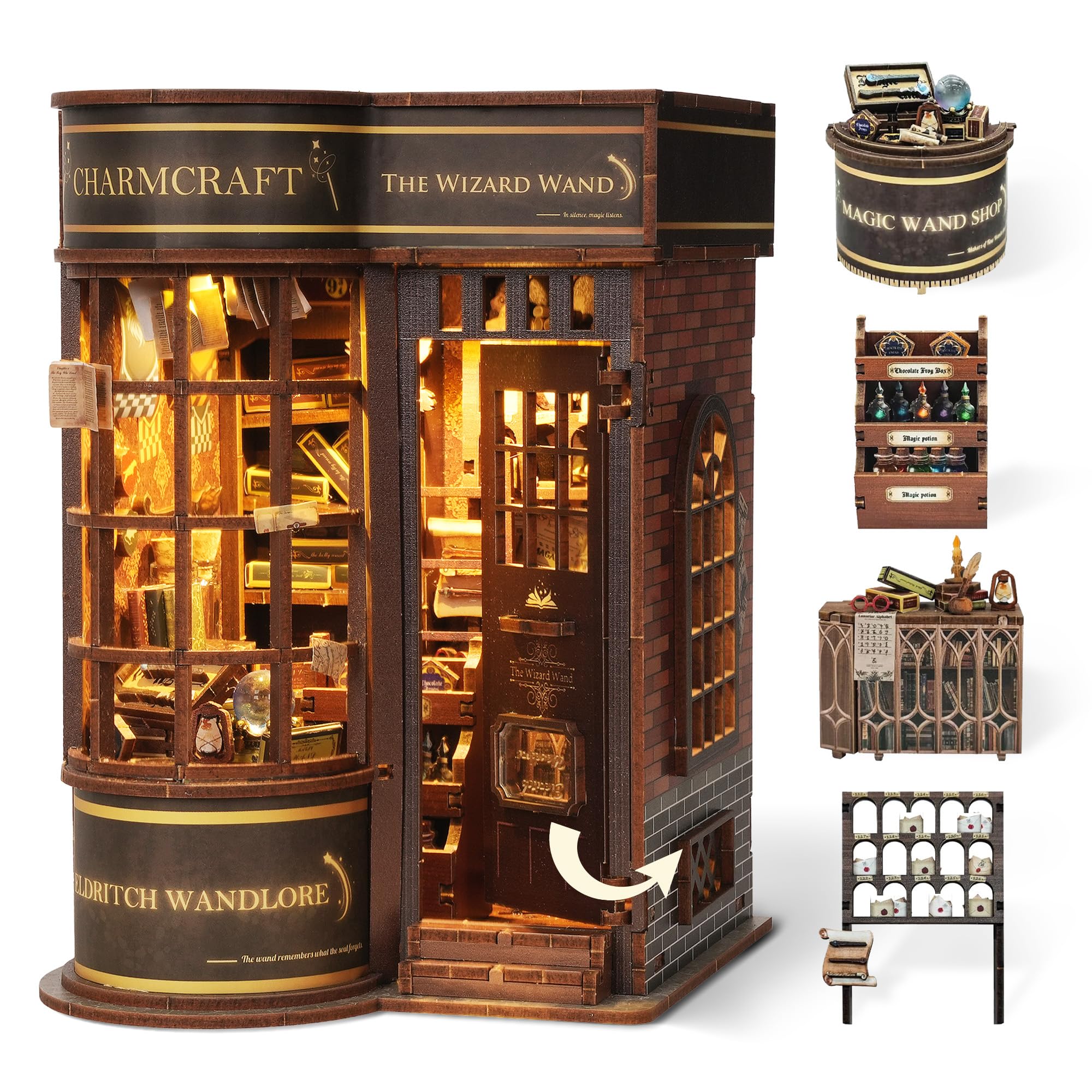 

FUNPOLA 3D Деревянная Книга-Пазл Уголок для Книг DIY Волшебный Миниатюрный Кукольный Домик Полка для Книг Дисплей Поделка 208 для Учеников Средней Школы Набор Волшебника, Органайзер, Подставки для Книг,