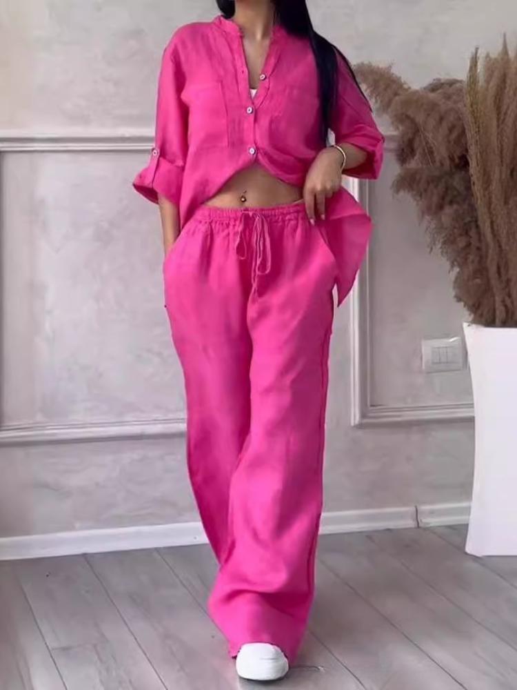 

Повседневный комплект из хлопка и льна однотонной рубашки и широких брюк на кулиске 5XL ярко-розовый