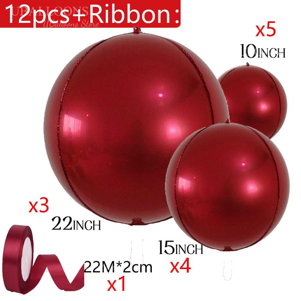 12pcs Silver 4D Balloons with Ribbon 22/15/10Inch Metal Silver Round Foil Hanging Balloon for Happy Birthday Wedding Party Decor