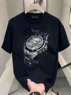 Men's 100% Cotton Graphic Print T-Shirt - with "Time To Slip" Design & Mechanical Watch Art