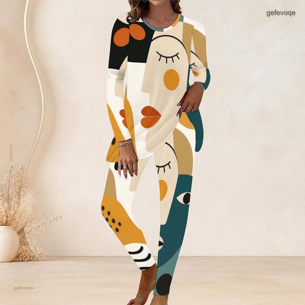 Women Plus Size Round Neck Long Sleeve Printed Longline Top And Fitted Pants Two Piece Set