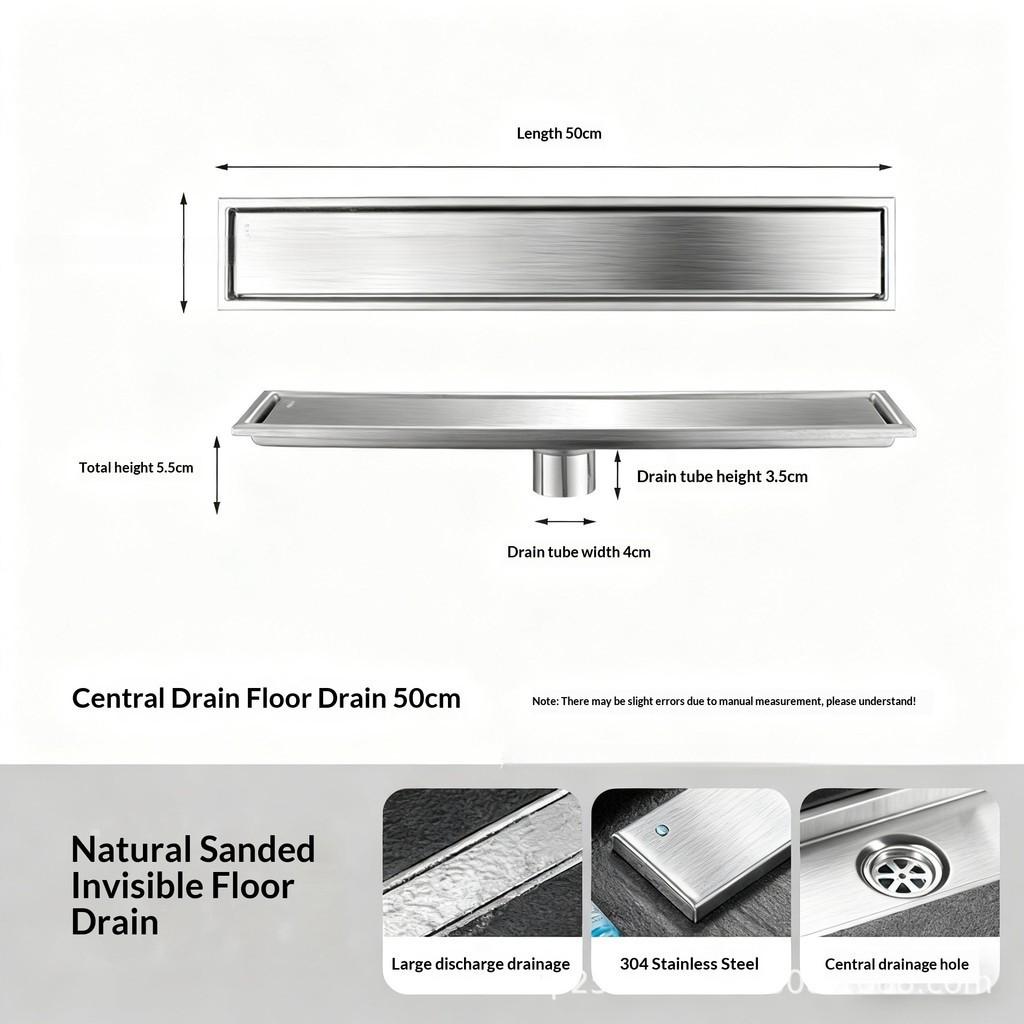 304 Stainless Steel Invisible Floor Drain Rectangular Shower Drain High Flow Hidden Grate Bathroom Drainage System