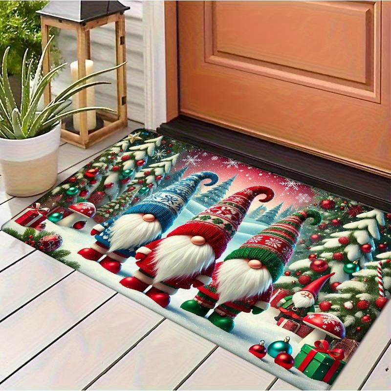 Christmas Gnome Flannel Door Mat Carpet, Skid Pad Design Non-Slip for Kitchen Living Room Bedroom Bathroom Decor