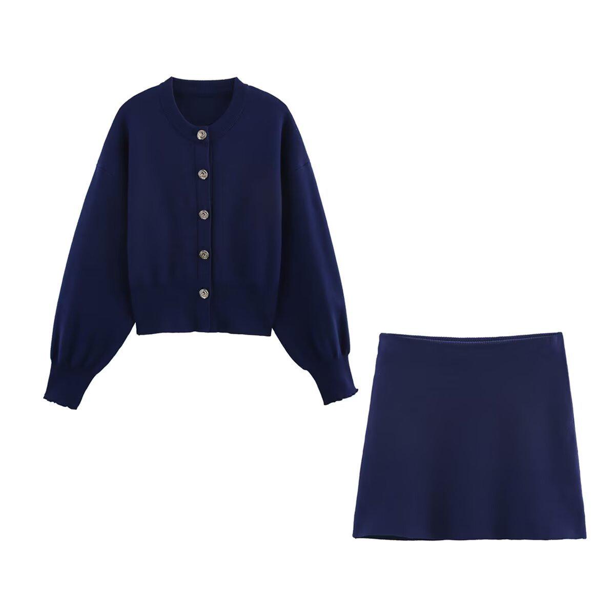 

Spring 2025 Ribbed Button Knit Cardigan & Plain Mini Skirt Set S