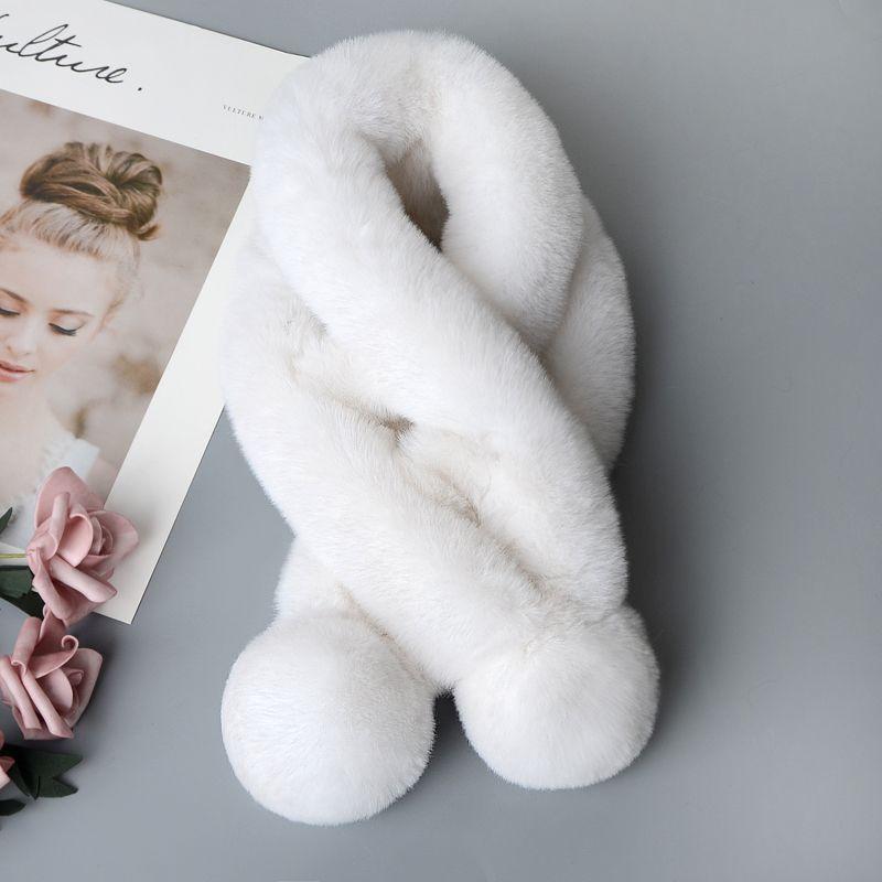 

Шарф из искусственного меха кролика, двойной трубчатый меховой шарф с двумя шариками, зимний женский двусторонний теплый утолщенный шарф белый