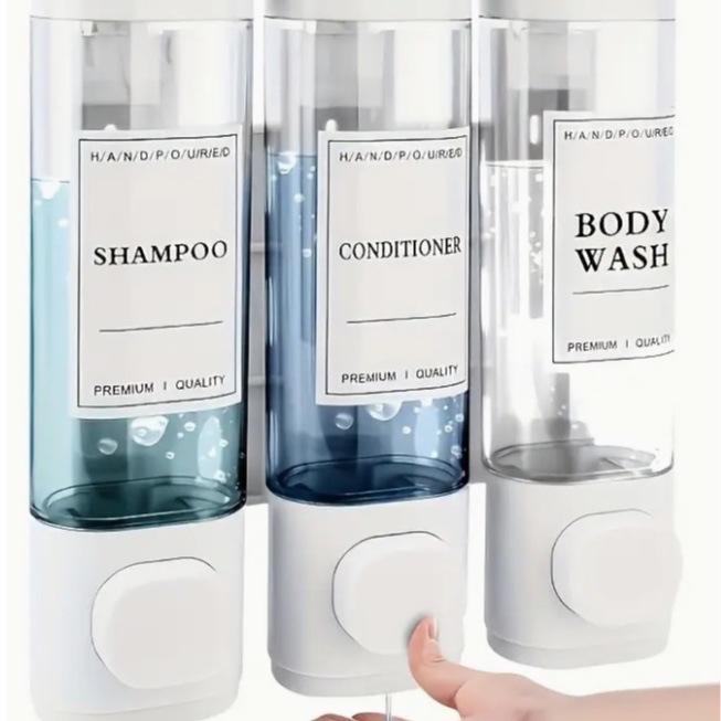 Wall Mount Triple Head Soap Dispenser, No Drill Manual Press Liquid Soap Container for Hotel & Home, Shampoo Shower Gel Dispenser Box