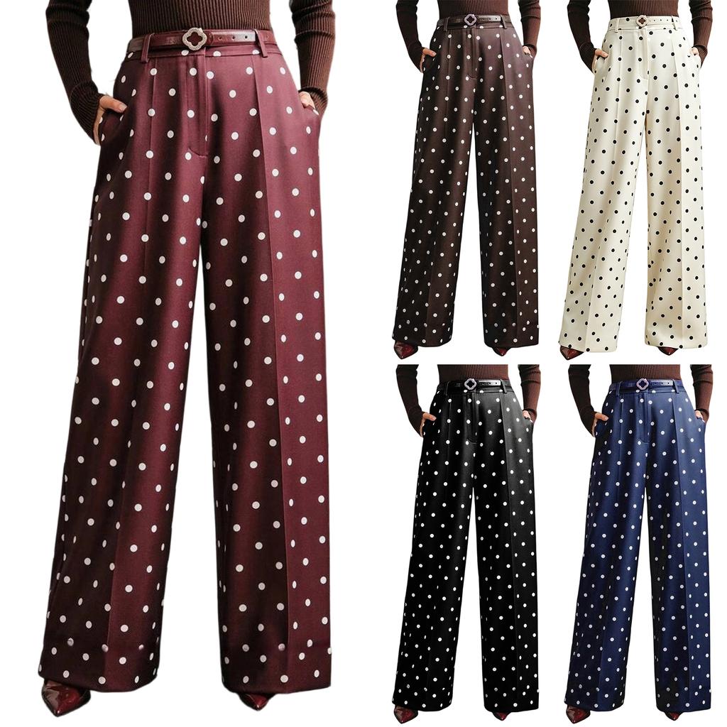 Women's Vintage Polka Dot Wide Leg Pants High Waist Loose Fit Casual Trousers with Pockets Suitable for Daily Wear and Office