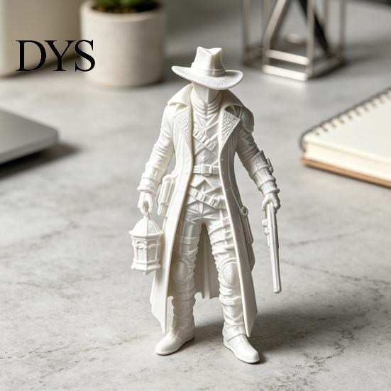Matte Black Ornament 3D Printed Gothic Lantern Hunter Figurine, Dark Cloaked Man Statue Durable Static Figure with Cape for Halloween, Spooky
