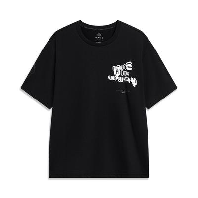 Série Colaboração Artista Cyril com Li Ning Camiseta Unisex Manga Curta Reta Solta Estampa de Letras Vintage Americana Preto AHST851-1