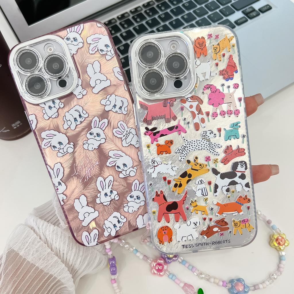 For iPhone 16 Pro Max Case IMD Cartoon PC+TPU Back Cover with Glass Lens Film,Beaded Strap