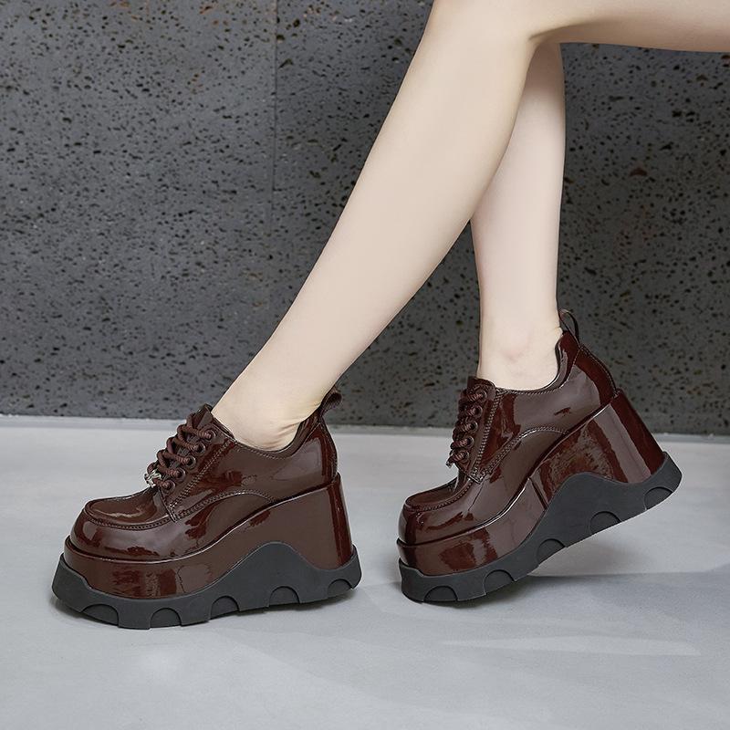 Plateau-Loafer Damen 2025 Frühling neu Keilabsatz schwarz 10CM erhöhend Damenschuhe vielseitig Britischer Stil kleine Lederschuhe