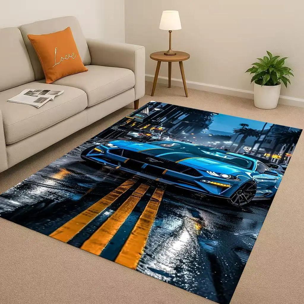New Mustang Racing Car Logo Moto Living Room Non-Slip Area Rug Carpet for Bedroom Playroom Sofa,Easy Clean Home Decor Doormat