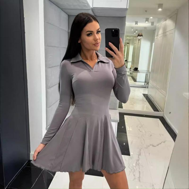 

Elegant Autumn Lapel Long Sleeve High Waist Ruffle Hem Slim Pleated Short Comfortable Lightweight Recognition Elegant with Flattering Chic Dress S серый