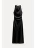 European and American Women's Satin Mid-length Dress with Ruched Waist and Cowl Neck.