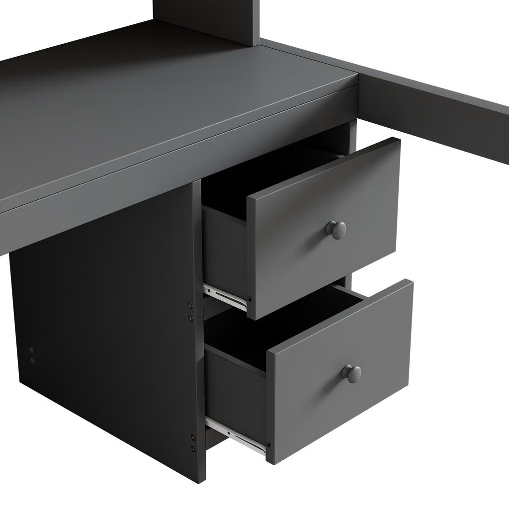 Hochbett 90x200cm Kinderbett Schreibtisch Schubladen Lagerregal Lattenrost Hohes Geländer Stabile Treppe Jugendliche Erwachsene Schlafsaal Grau