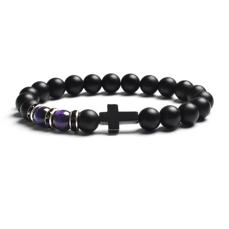 Fashion Religion Cross Men Women 8mm Natural Stone Tiger Eye & Black Matte Agates Bead Bracelet Elastic Bracelet Bangle Jewelry