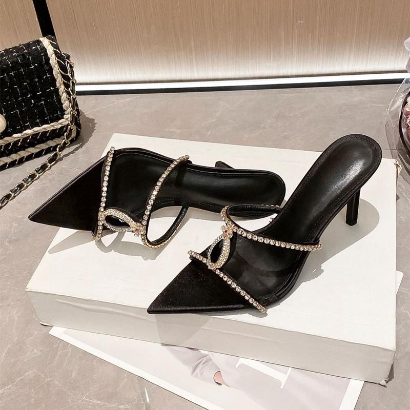 Fashion Luxury Rhinestones Gem Narrow band Women Slipper Sandals Elegant Pointed toe Thin High heels Mules Slides Fashion Party Shoes