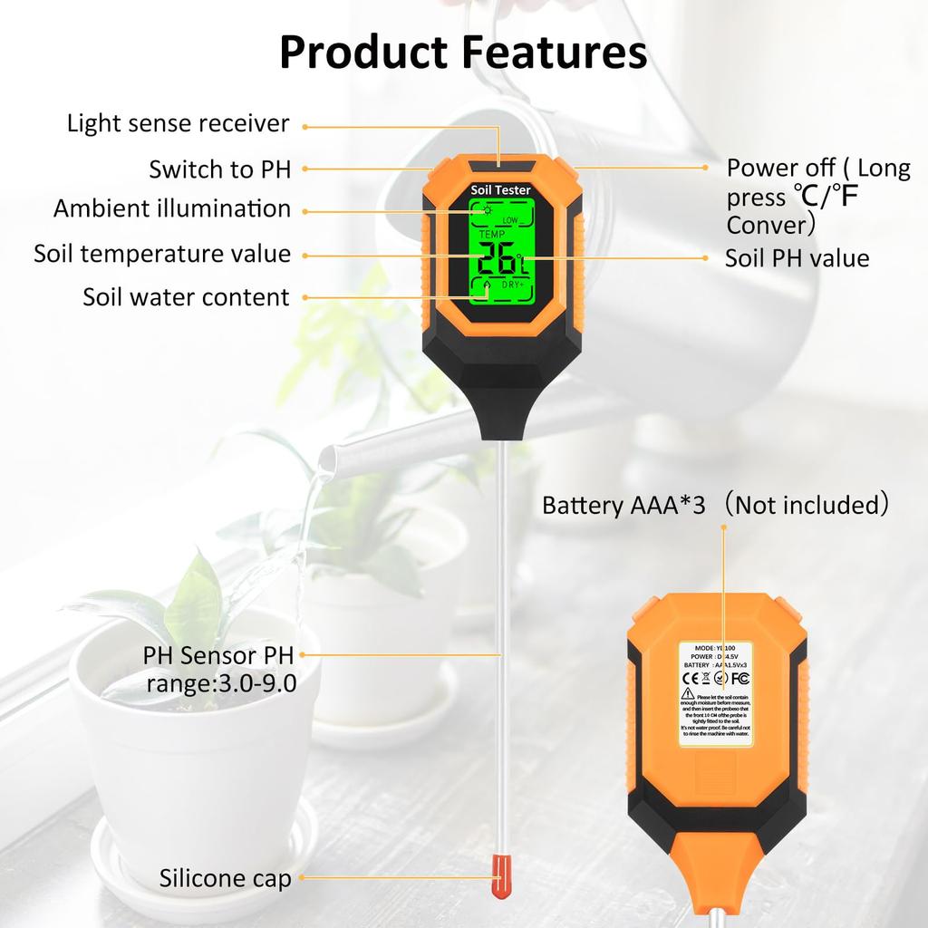 4 in 1 soil instrument illumination tester acid alkalinity meter PH moisture humidity digital display backlight test tester