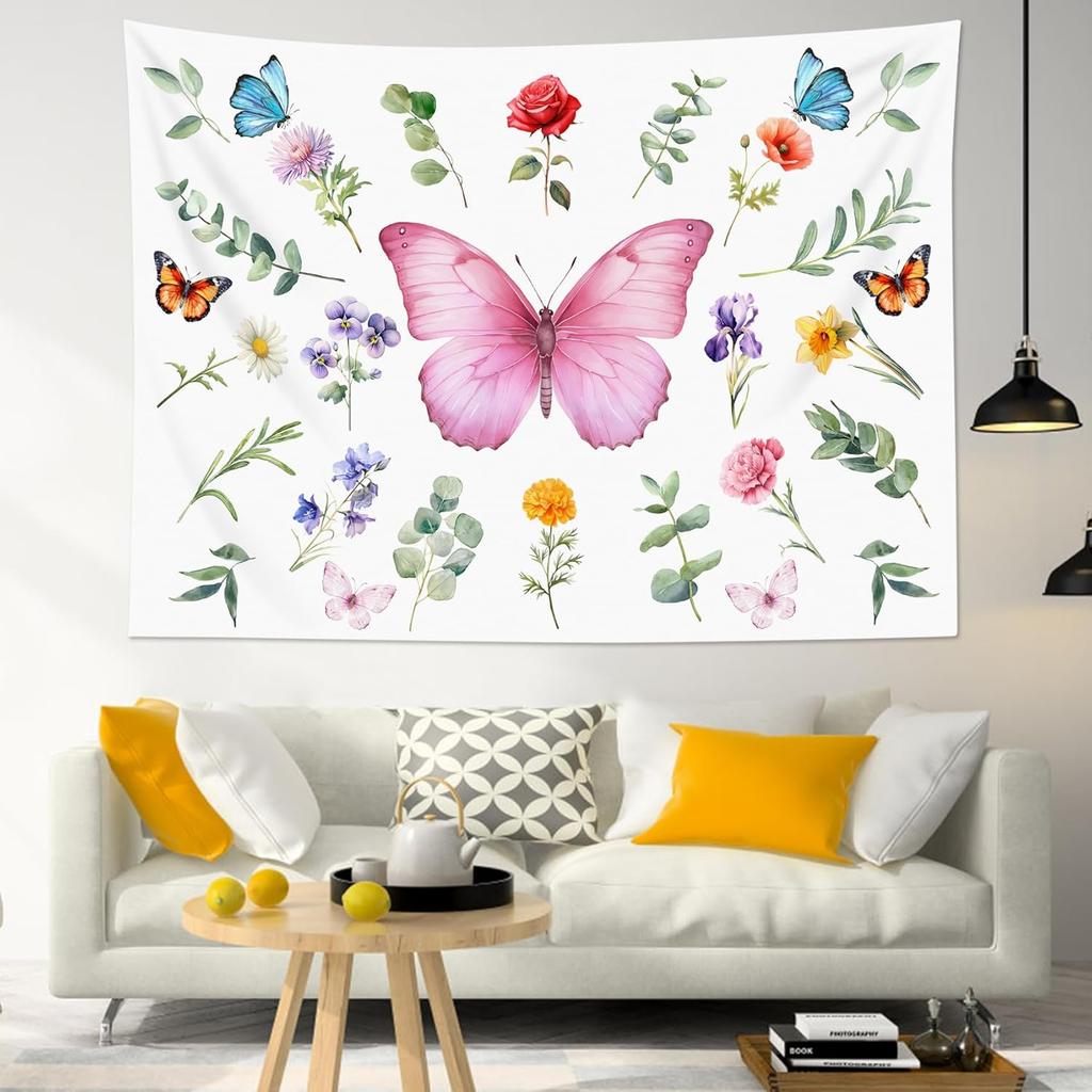 Butterfly Plant Tapestry for Bedroom, Girly Floral Blue Wall Tapestry, Leaf and Flower Botanical Tapestries Wall Hanging for