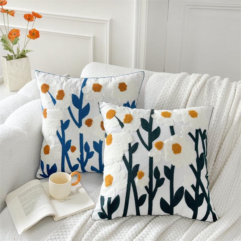 American Pastoral Floral Embroidery Canvas Cushion Cover - Cotton & Linen