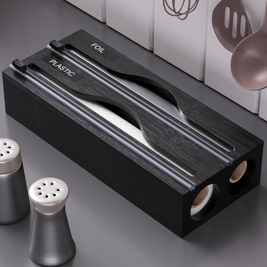 1 Stück 2-in-1 Bambus Frischhaltefolienspender mit Schneider und Etiketten, Schneiden von Frischhaltefolie, AlufolieMehrfachfach-Küchenorganizer für Frischhaltefolien, Scheiben und Wraps