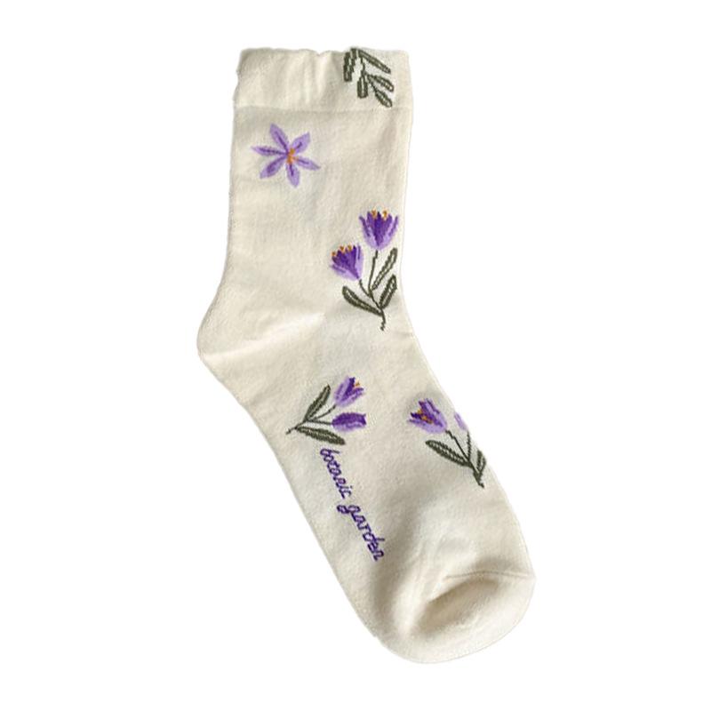 Sock Children's Mid-length Spring-autumn Cotton Socks, Cute and Sweet Flowered Socks, Versatile for An Academic Style.