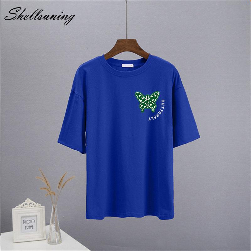 Shellsuning Sommer Baumwolle O Neck T Shirts Frauen Schöne Schmetterling Kurzarm 3D Brief Drucken Tees Lose Weiche Grundlegende Weibliche tops