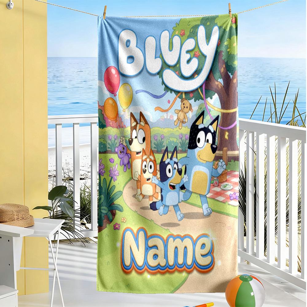 Bluey's Balloon Adventure Customizable Name Beach Towel High Absorbency & Quick-Dry Suitable for Swimming Gym Camping Yoga Vacation