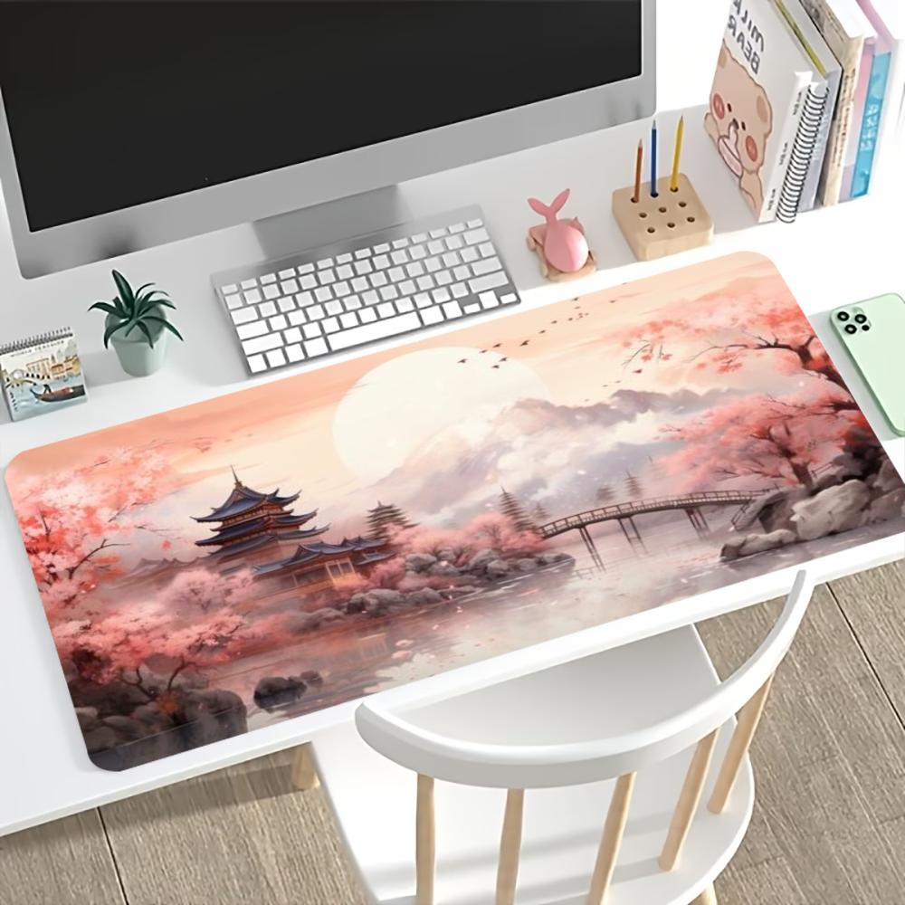 Chinese Ink Sakura Ancient Pavilion Gaming Mouse Pad Non Slip Stitched Desk Mat Smooth Oriental Style Desktop Desk Gadgets
