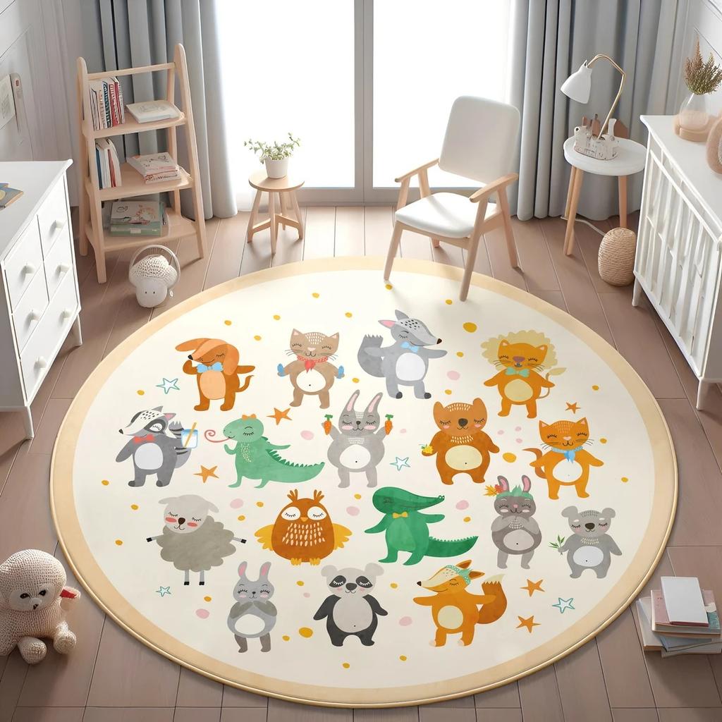 Learning Animal Playmat Giraffe Lion Baby Kids Playroom Mat World Map NonSlip Mat Safari Round Rug Kid's Animals Printed Rug