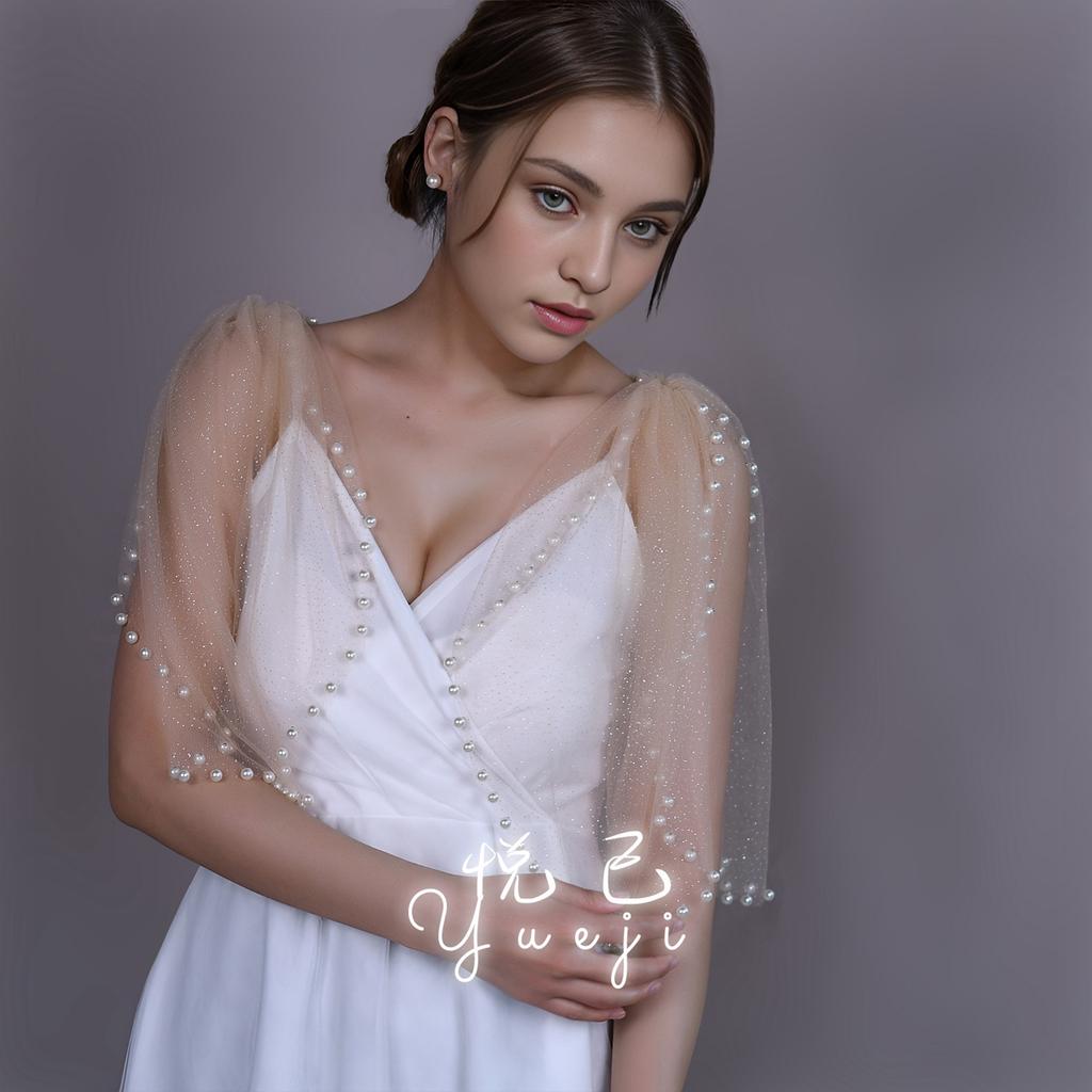 Detachable Glitter Tulle Puff Short Sleeve Cuffs, Mixed Size Pearl Beaded Sheer Arm Covers for Wedding Bridal Evening Dress