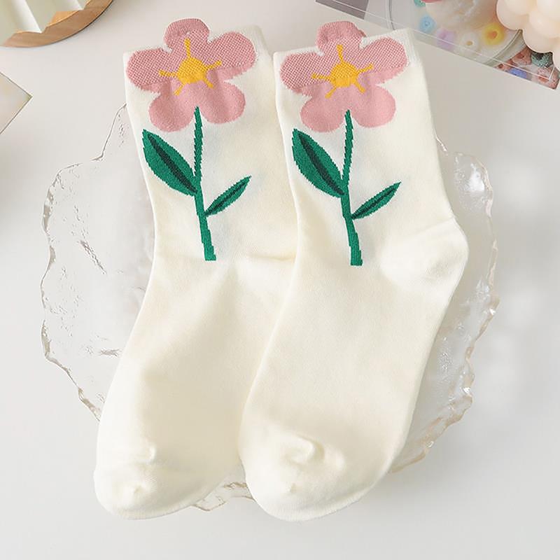 Cotton Women Socks Casual Breathable Japanese Korean Style Cartoon Flower Candy Color  Female Middle Tube Sock