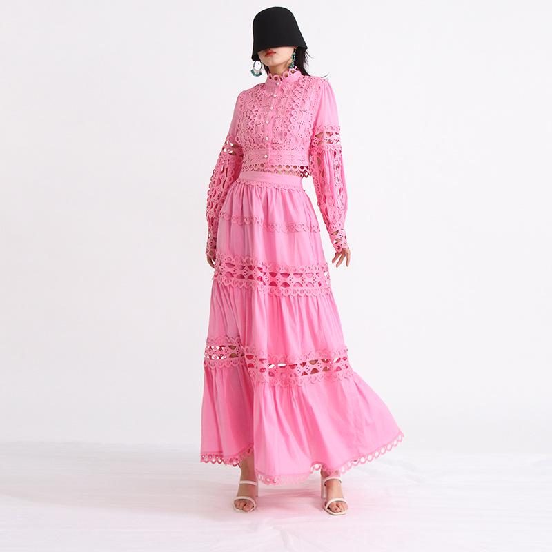 2025 Autumn French Retro Lace Collar Two-Piece Set: Hollowed-Out Top & High Waist Midi Skirt for Women