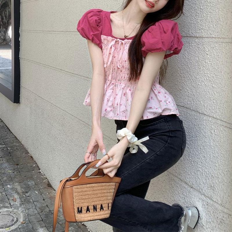 Blouse Mince à Manches Bouffantes Douces Été Fleurs Cassées Épissée Vêtements pour Femmes Col O Mode Cordon de Serrage Nœud Taille Chemise