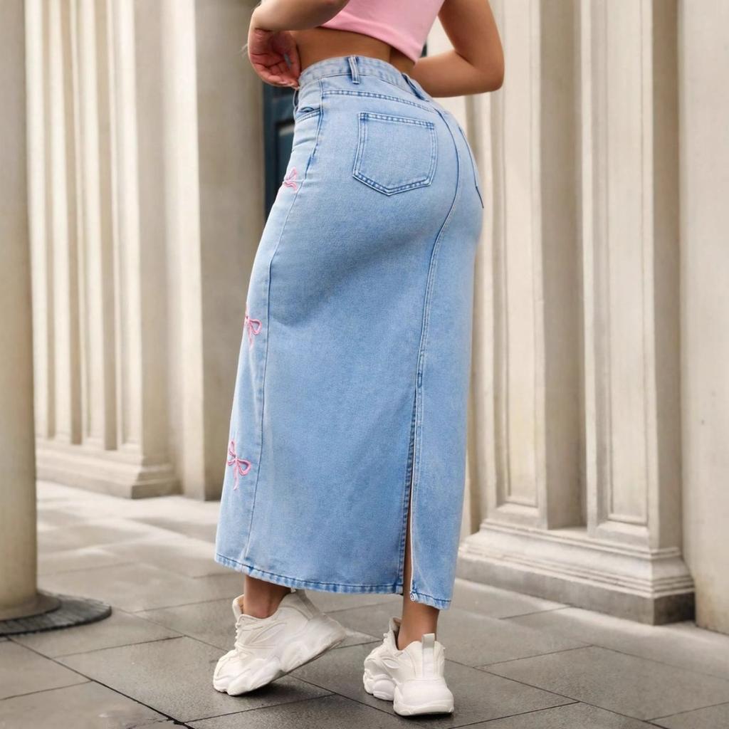 Bow Tie, Fashionable Pearl Women's Clothing, Versatile Denim Skirt, Midi Skirt