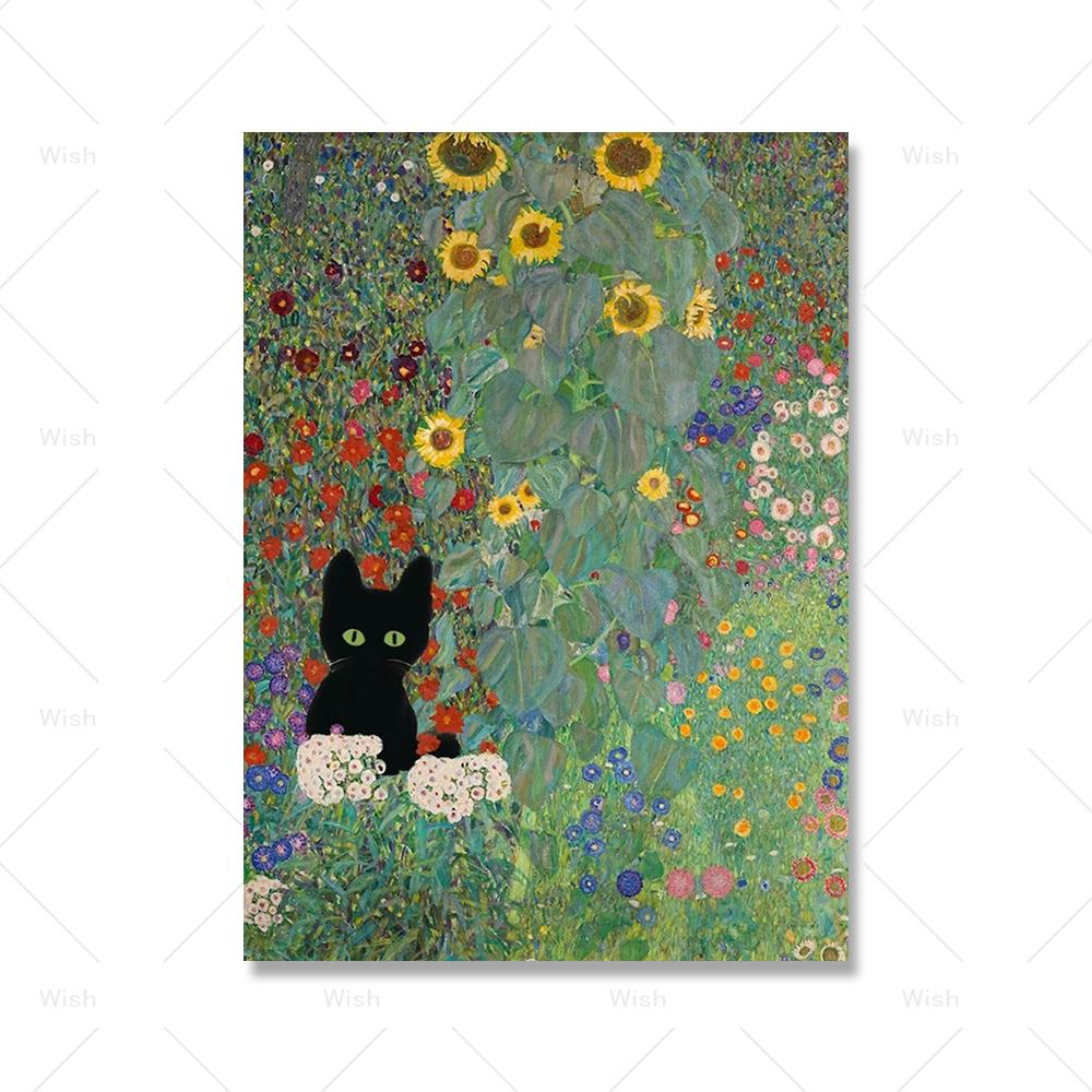 Vintage Colorful Gustav Klimt Matisse Black Cat Garden Poster Canvas Painting for Living Room Home Wall Art Decorative Cuadros