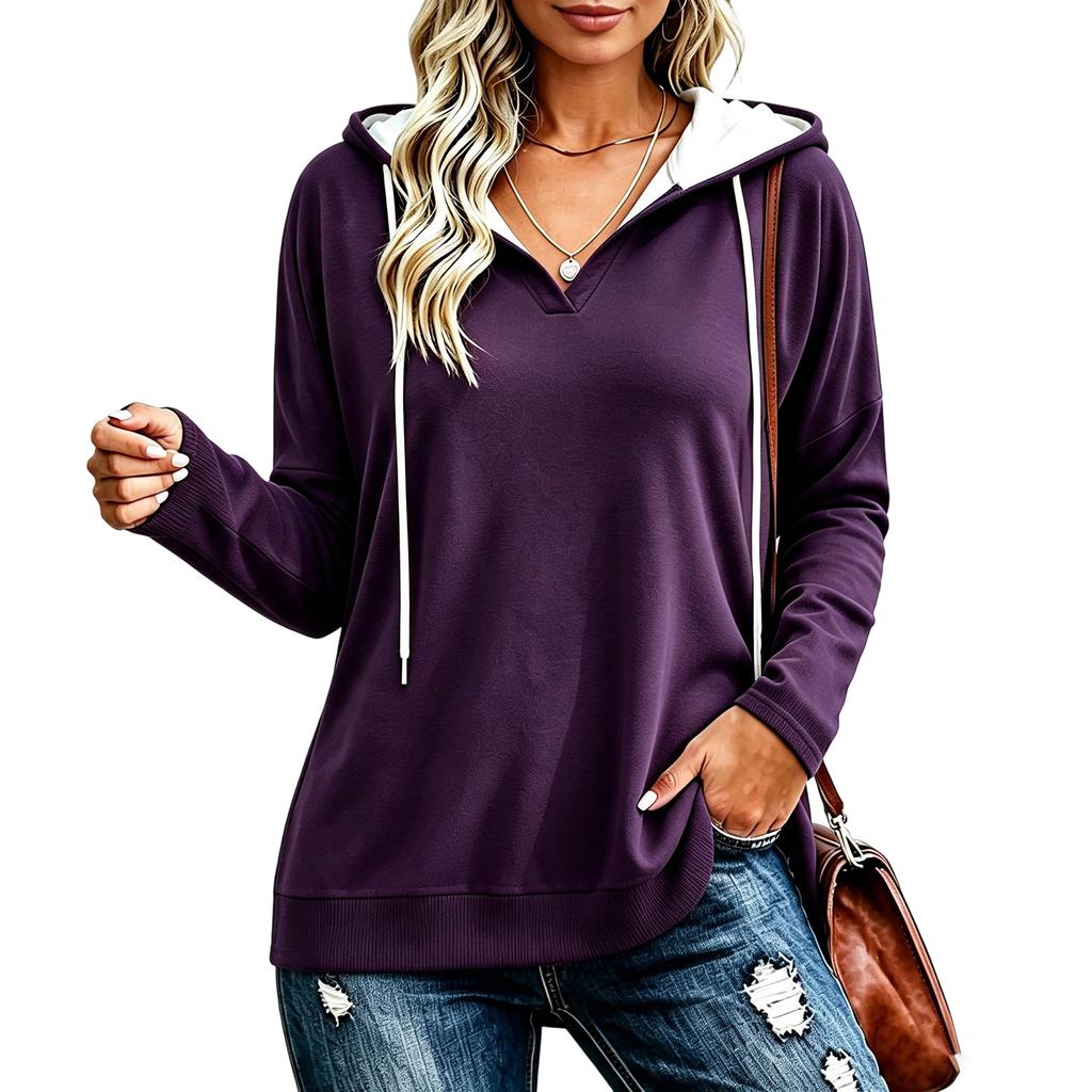 Women's Lightweight V-Neck Long Sleeve Hoodie Casual Pullover