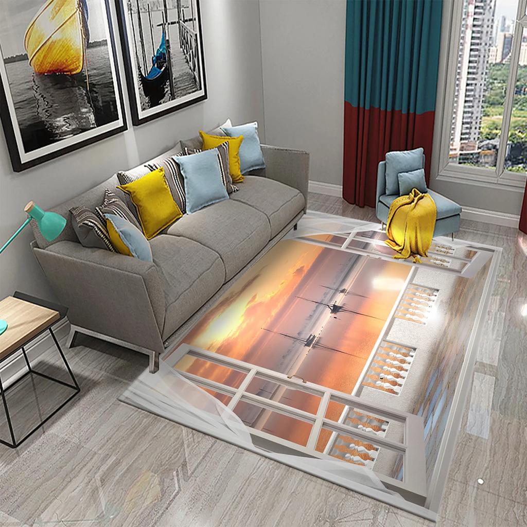 Tapete 3D Moderno Cenário de Janela Bela Vista Fora da Janela Tapetes Cozinha Banheiro Tapete Antiderrapante Sala de Estar Quarto Decoração Tapetes