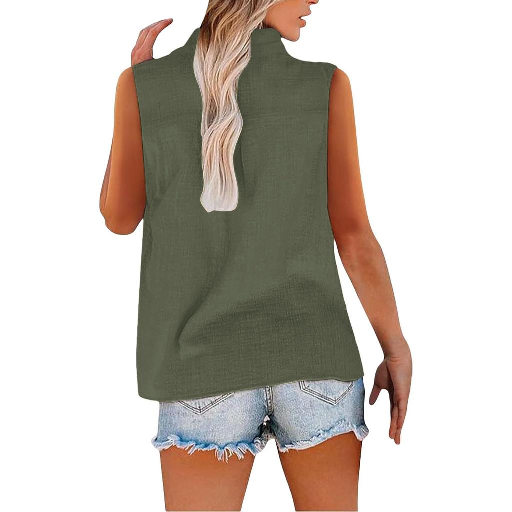 Women's Fashion Color Casual Sleeveless Cardigan Button Loose Cotton Linen Shirt Top