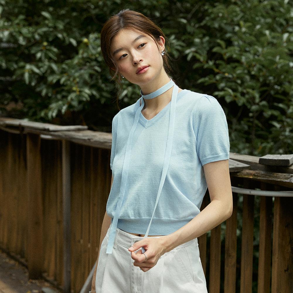 ADAUL Pale V Neck Ribbon Choker Summer Knit - Paleblue