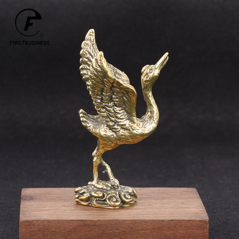 Retro Solid Brass Crane Small Statue Office Desktop Ornament Animal Figurine Mniature Tea Pet Children Toy Gifts Home Decoration