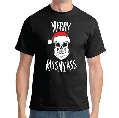 MERRY KISS MY ASS T-SHIRT - CHRISTMAS SKULL FUNNY RUDE JOKE BIKER XMAS SECRET Unisex T-Shirt