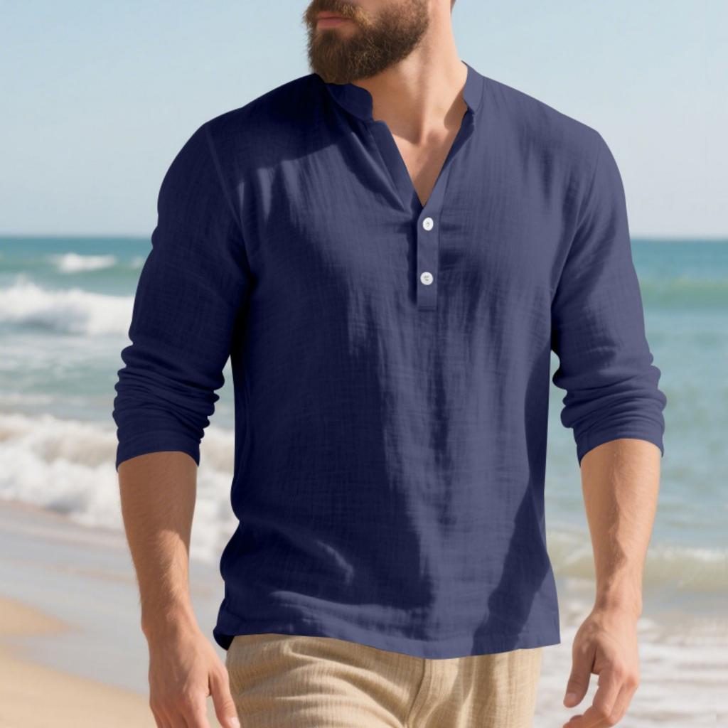 Men's Linen Long-Sleeve T-Shirt - Loose Fit Stand Collar Button Casual Long-Sleeve Top