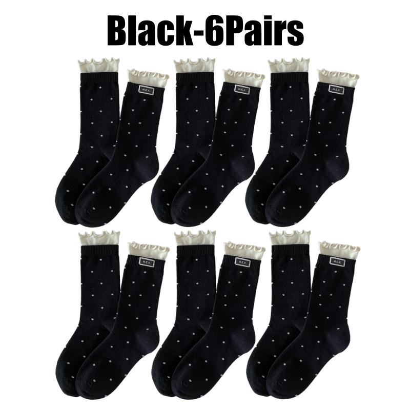 Womens Polka Dot Mid Crew Socks Ballet Style Delicate Lace Edging and Ruffle Trim Fashion Woven Label Simple Design Socks