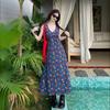 French Retro Floral V-neck Suspender Dress Children's Summer Small Waist Temperament Sleeveless Vest Long Dress