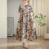 Summer Cotton and Linen Printed Round Neck Short Sleeved Dress for Women