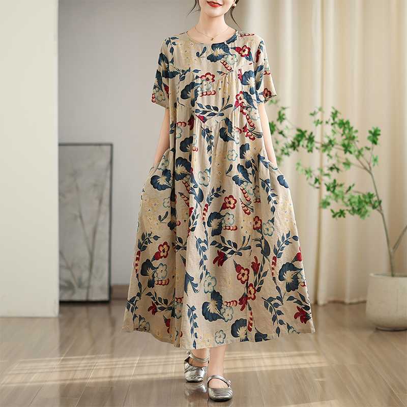 Summer Cotton and Linen Printed Round Neck Short Sleeved Dress for Women